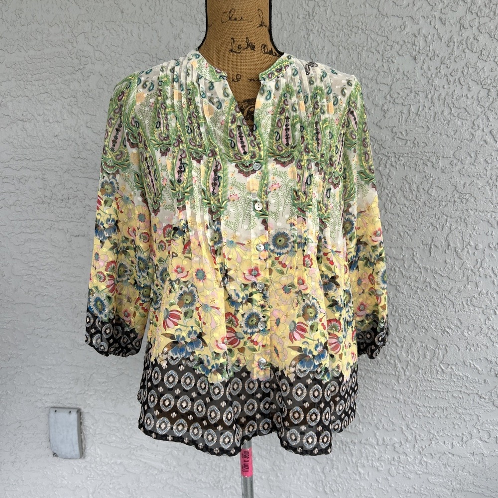 Anthropology Top Blouse w Camisole PM Sheer Floral Artsy Boho‎ Cottage